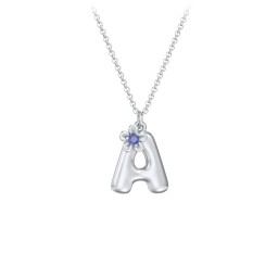 Kids Bubble Initial Necklace With Birthstone Flower in 925 Sterling Silver with Blue Sapphire