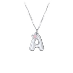 Kids Bubble Initial Necklace With Birthstone Flower in 925 Sterling Silver with Pink Tourmaline