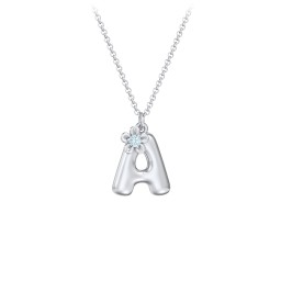 Kids Bubble Initial Necklace With Birthstone Flower in 925 Sterling Silver with Blue Topaz