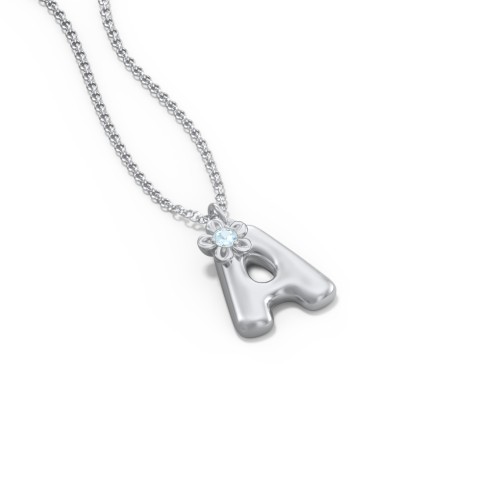 Kids Bubble Initial Necklace With Birthstone Flower – Sterling Silver with Blue Topaz