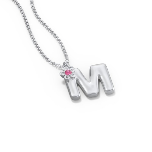 Kids Bubble Initial Necklace With Birthstone Flower – Sterling Silver with Ruby
