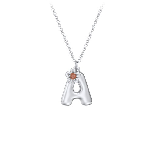 Kids Bubble Initial Necklace With Birthstone Flower – Sterling Silver with Garnet