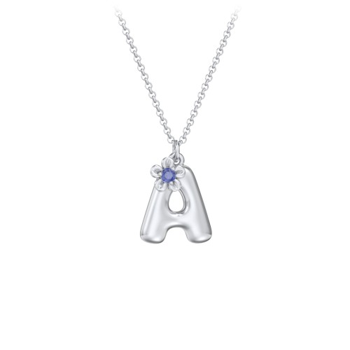 Kids Bubble Initial Necklace With Birthstone Flower – Sterling Silver with Blue Sapphire