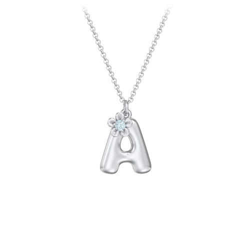 Kids Bubble Initial Necklace With Birthstone Flower – Sterling Silver with Blue Topaz