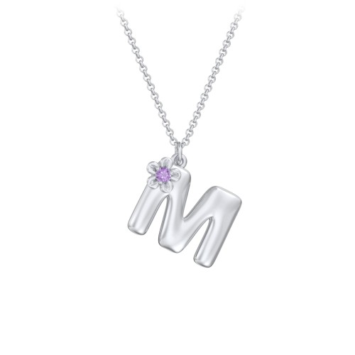 Kids Bubble Initial Necklace With Birthstone Flower – Sterling Silver with Amethyst