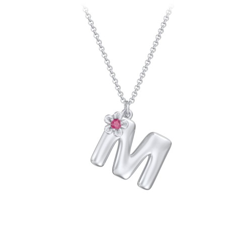 Kids Bubble Initial Necklace With Birthstone Flower – Sterling Silver with Ruby