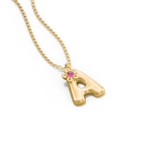 Kids Bubble Initial Necklace With Birthstone Flower – 9kt Yellow Gold with Ruby