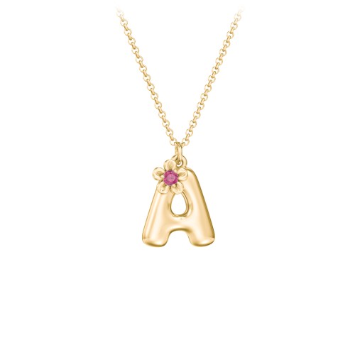 Kids Bubble Initial Necklace With Birthstone Flower – 9kt Yellow Gold with Ruby