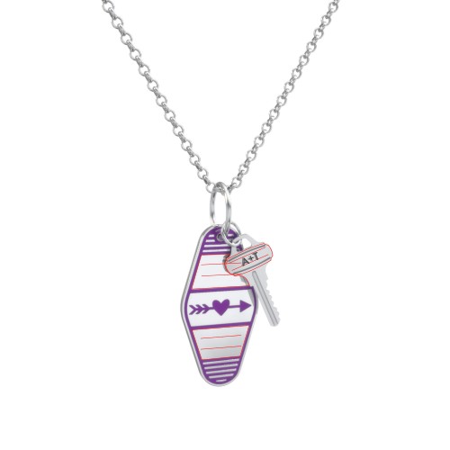Heart With Arrow Engravable Retro Keychain Charm Necklace - Purple