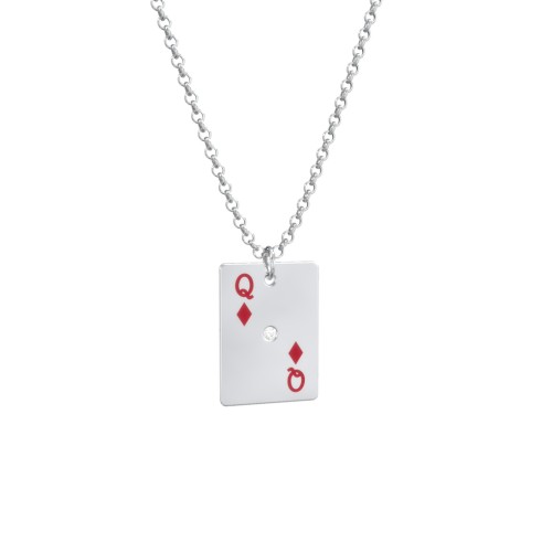 Queen of Diamonds Playing Card Charm Necklace – Sterling Silver with Cubic Zirconia