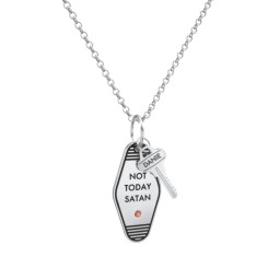 Not Today Satan Engravable Retro Keychain Charm Necklace with Accent - Black in 925 Sterling Silver with Garnet