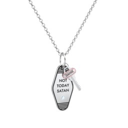 Not Today Satan Engravable Retro Keychain Charm Necklace with Accent - Black in 925 Sterling Silver with Blue Topaz