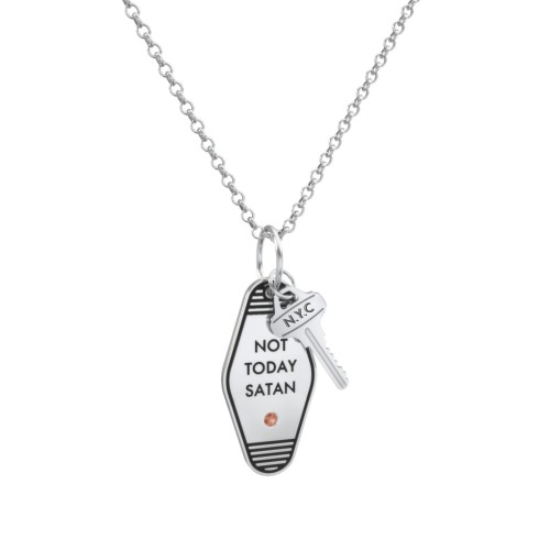 Not Today Satan Engravable Retro Keychain Charm Necklace with Accent - Black – Sterling Silver with Garnet
