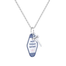 Not Today Satan Engravable Retro Keychain Charm Necklace with Accent - Blue in 925 Sterling Silver with Pink Tourmaline