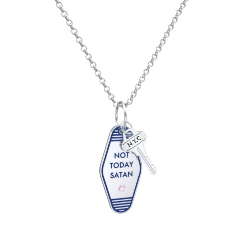 Not Today Satan Engravable Retro Keychain Charm Necklace with Accent - Blue – Sterling Silver with Pink Tourmaline
