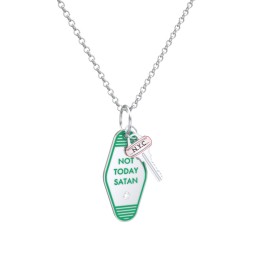 Not Today Satan Engravable Retro Keychain Charm Necklace with Accent - Green