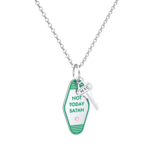 Not Today Satan Engravable Retro Keychain Charm Necklace with Accent - Green – Sterling Silver with Pink Tourmaline