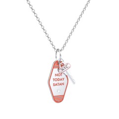 Not Today Satan Engravable Retro Keychain Charm Necklace with Accent - Orange