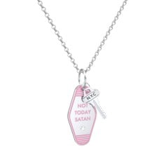 Not Today Satan Engravable Retro Keychain Charm Necklace with Accent - Pink