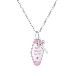 Not Today Satan Engravable Retro Keychain Charm Necklace with Accent - Pink
