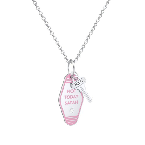 Not Today Satan Engravable Retro Keychain Charm Necklace with Accent - Pink