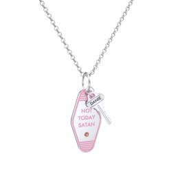 Not Today Satan Engravable Retro Keychain Charm Necklace with Accent - Pink in 925 Sterling Silver with Garnet