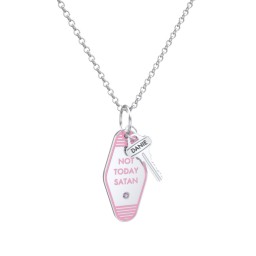 Not Today Satan Engravable Retro Keychain Charm Necklace with Accent - Pink in 925 Sterling Silver with Alexandrite