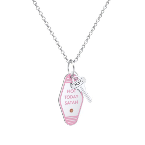 Not Today Satan Engravable Retro Keychain Charm Necklace with Accent - Pink – Sterling Silver with Garnet
