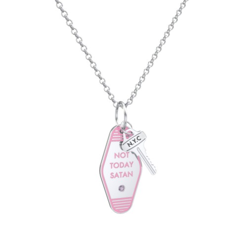 Not Today Satan Engravable Retro Keychain Charm Necklace with Accent - Pink – Sterling Silver with Alexandrite