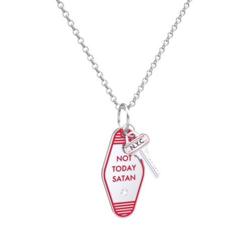 Not Today Satan Engravable Retro Keychain Charm Necklace with Accent - Red