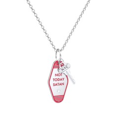 Not Today Satan Engravable Retro Keychain Charm Necklace with Accent - Red – Sterling Silver with Cubic Zirconia