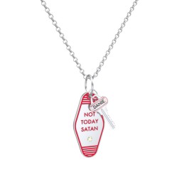Not Today Satan Engravable Retro Keychain Charm Necklace with Accent - Red in 925 Sterling Silver with Peridot