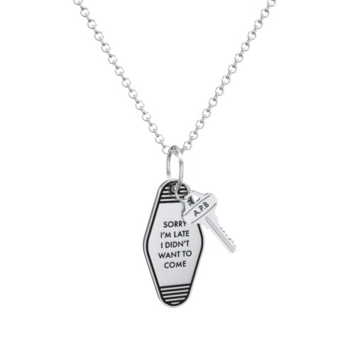 Sorry I'm Late Engravable Retro Keychain Charm Necklace - Black