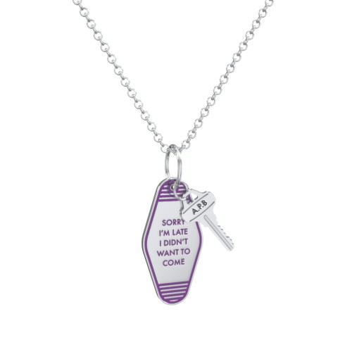 Sorry I'm Late Engravable Retro Keychain Charm Necklace - Dark Purple