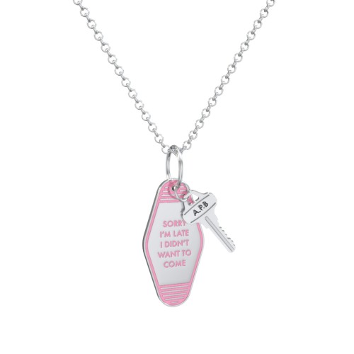 Sorry I'm Late Engravable Retro Keychain Charm Necklace - Pink – Sterling Silver