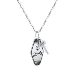 Lucky Engravable Retro Keychain Charm Necklace with Accent - Black