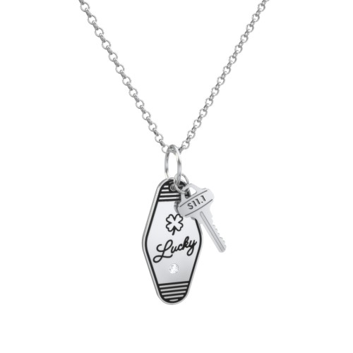 Lucky Engravable Retro Keychain Charm Necklace with Accent - Black – Sterling Silver with Cubic Zirconia