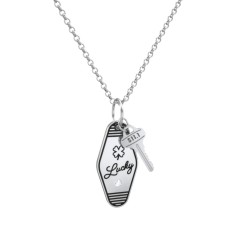Lucky Engravable Retro Keychain Charm Necklace with Accent - Black – Sterling Silver with Cubic Zirconia