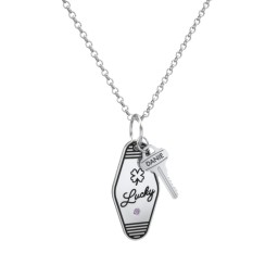 Lucky Engravable Retro Keychain Charm Necklace with Accent - Black in 925 Sterling Silver with Alexandrite