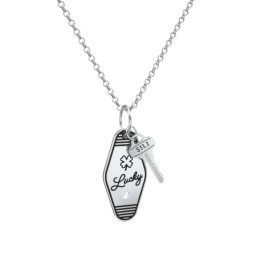 Lucky Engravable Retro Keychain Charm Necklace with Accent - Black in 925 Sterling Silver with Cubic Zirconia