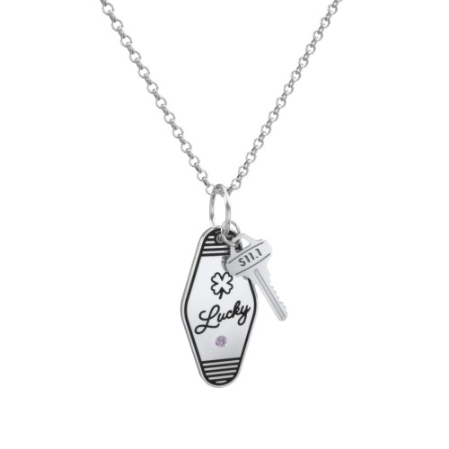 Lucky Engravable Retro Keychain Charm Necklace with Accent - Black – Sterling Silver with Alexandrite