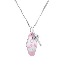 Lucky Engravable Retro Keychain Charm Necklace with Accent - Pink in 925 Sterling Silver with Peridot