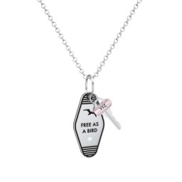 Free As A Bird Engravable Retro Keychain Charm Necklace with Accent - Black in 925 Sterling Silver with Blue Topaz
