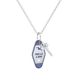 Free As A Bird Engravable Retro Keychain Charm Necklace with Accent - Blue