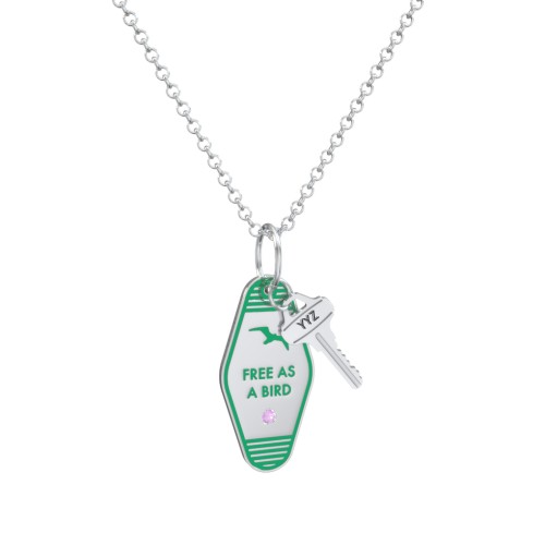 Free As A Bird Engravable Retro Keychain Charm Necklace with Accent - Green – Sterling Silver with Amethyst