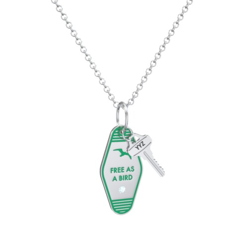 Free As A Bird Engravable Retro Keychain Charm Necklace with Accent - Green – Sterling Silver with Blue Topaz