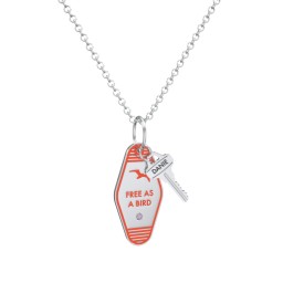 Free As A Bird Engravable Retro Keychain Charm Necklace with Accent - Orange in 925 Sterling Silver