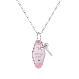 Free As A Bird Engravable Retro Keychain Charm Necklace with Accent - Pink