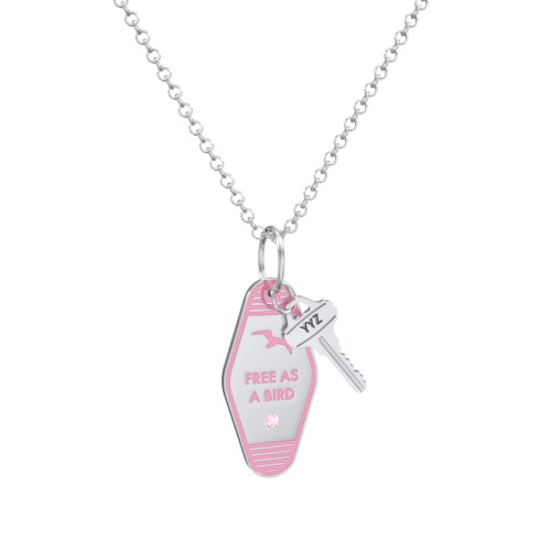 Free As A Bird Engravable Retro Keychain Charm Necklace with Accent - Pink – Sterling Silver with Pink Tourmaline