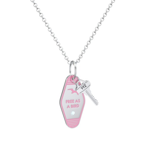 Free As A Bird Engravable Retro Keychain Charm Necklace with Accent - Pink – Sterling Silver with Blue Topaz